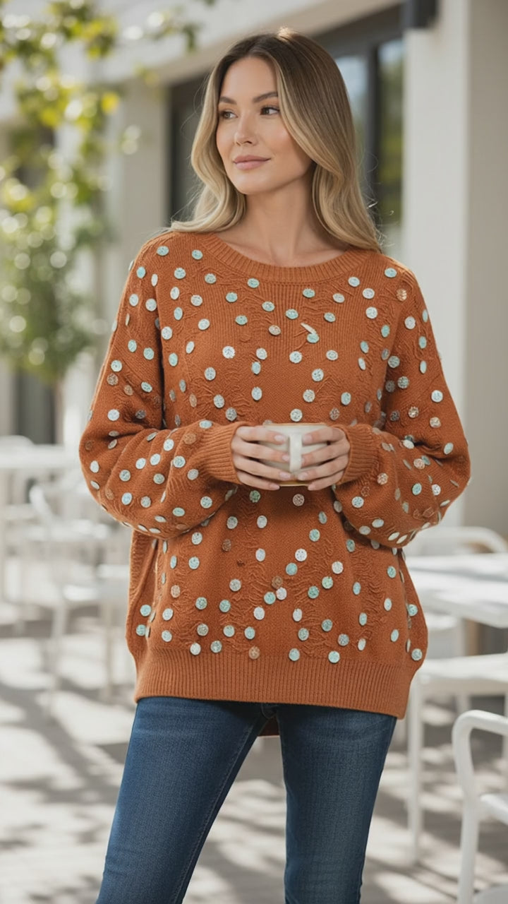 BiBi Distressed Effect Bishop Sleeve Spangled Sweater